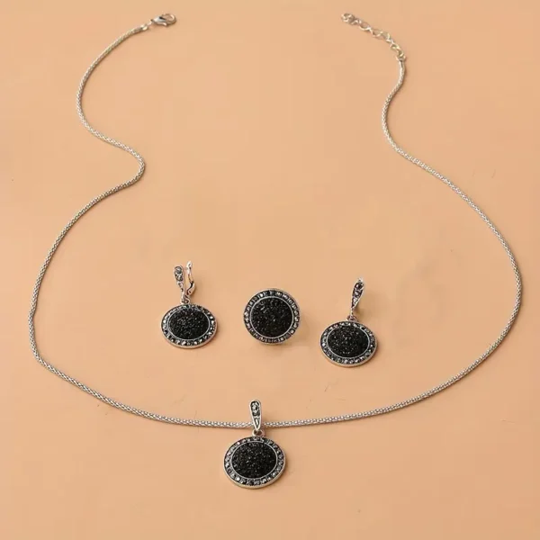 Black Round Necklace Earrings Ring Jewelry Set - Image 8