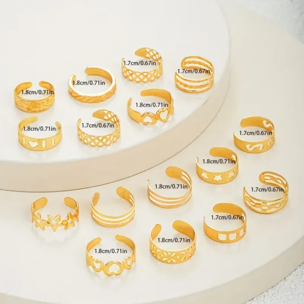 16-Piece Set Simple Hollow-Out Heart & Star Toe Ring Set - Image 5