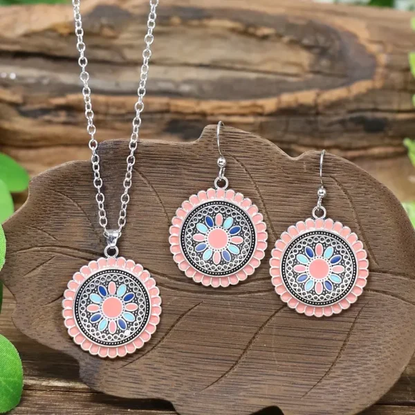 Boho-Chic 3pcs Jewelry Set for Women - Pink Floral Enamel Earrings - Image 6