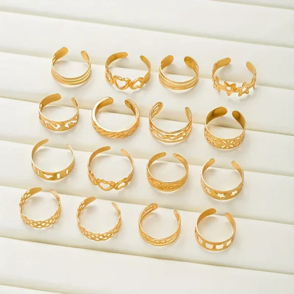 16-Piece Set Simple Hollow-Out Heart & Star Toe Ring Set - Image 4