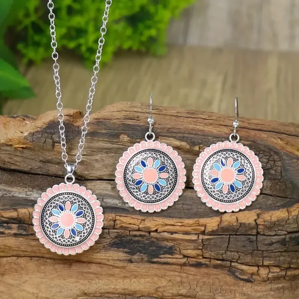 Boho-Chic 3pcs Jewelry Set for Women - Pink Floral Enamel Earrings - Image 5