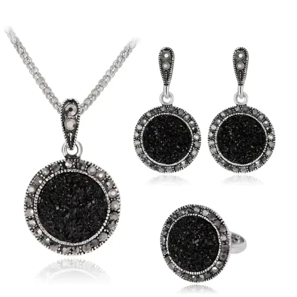 Black Round Necklace Earrings Ring Jewelry Set - Image 5