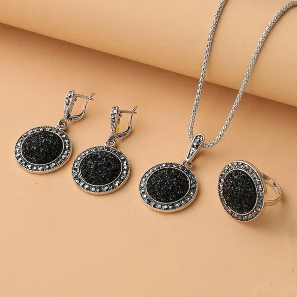 Black Round Necklace Earrings Ring Jewelry Set