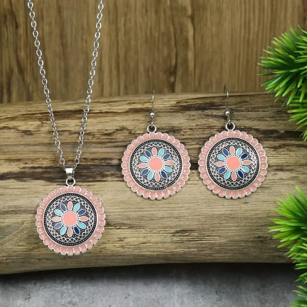 Boho-Chic 3pcs Jewelry Set for Women - Pink Floral Enamel Earrings