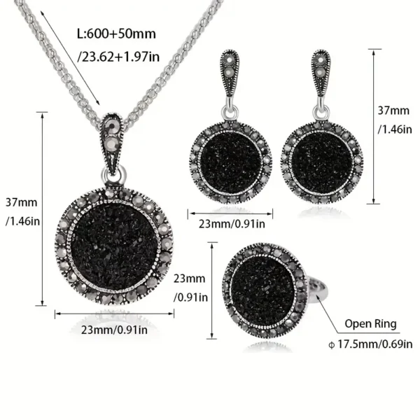 Black Round Necklace Earrings Ring Jewelry Set - Image 9